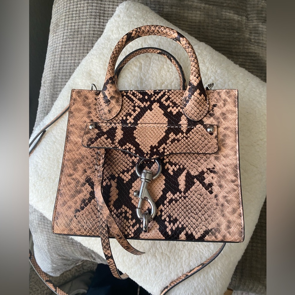Rebecca Minkoff Megan Mini Tote Crossbody. Rosewood snake print.